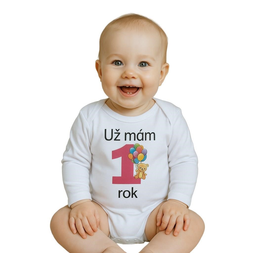Body s potiskem New Baby Už mám 1 rok růžové, vel. 86 (12-18m)