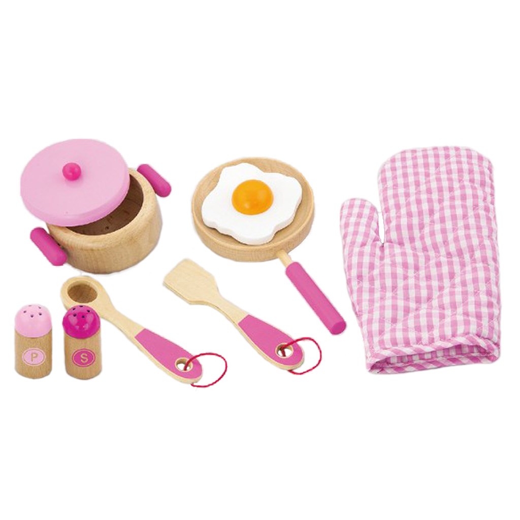 Levně Dětské dřevěné nádobí Viga-snídaně růžové