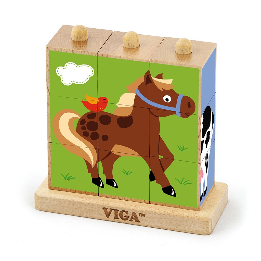 Levně Dřevěné puzzle kostky na stojánku Viga Farma