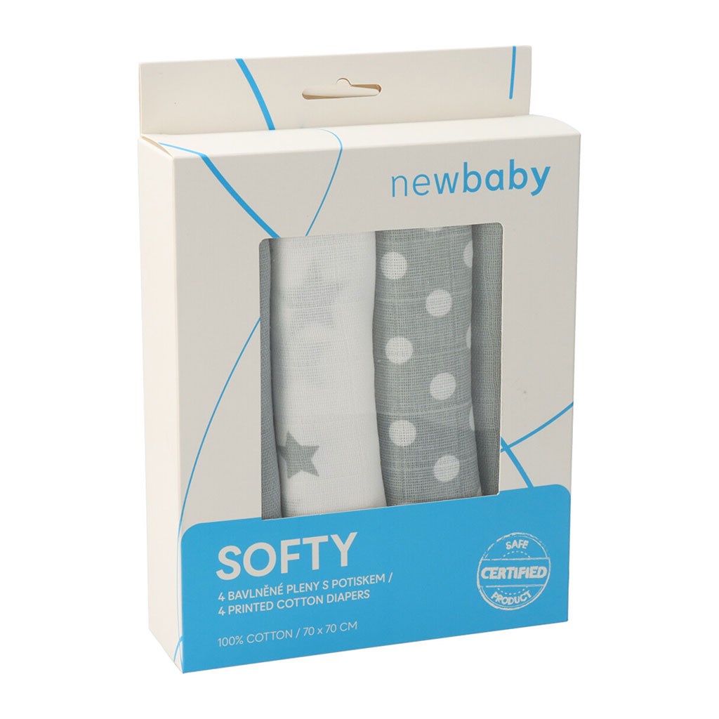 Levně Látkové bavlněné pleny New Baby Softy s potiskem 70 x 70 cm 4 ks šedo-bílé