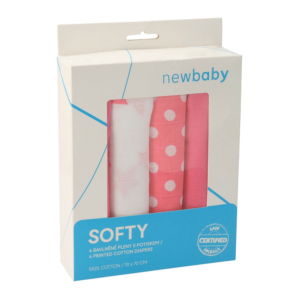 Levně Látkové bavlněné pleny New Baby Softy s potiskem 70 x 70 cm 4 ks růžovo-bílé