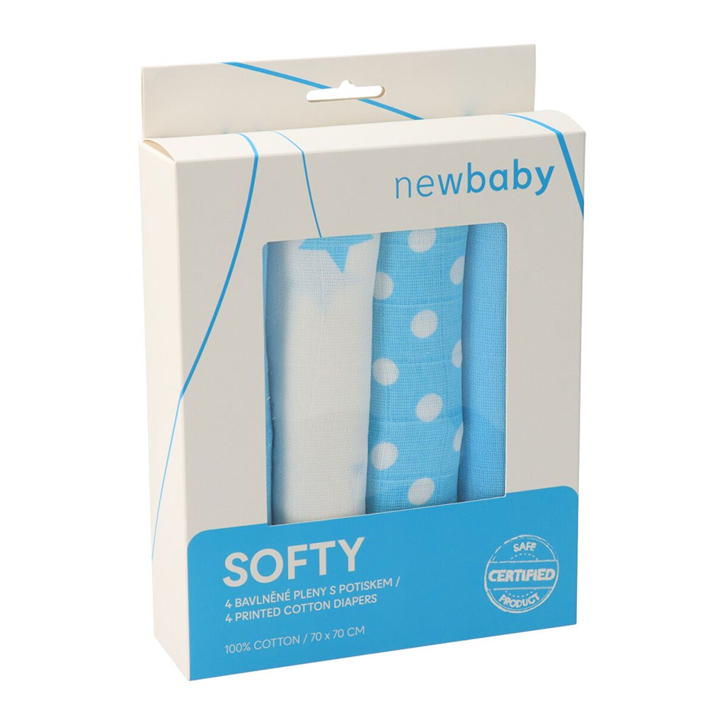 Levně Látkové bavlněné pleny New Baby Softy s potiskem 70 x 70 cm 4 ks tyrkysovo-bílé