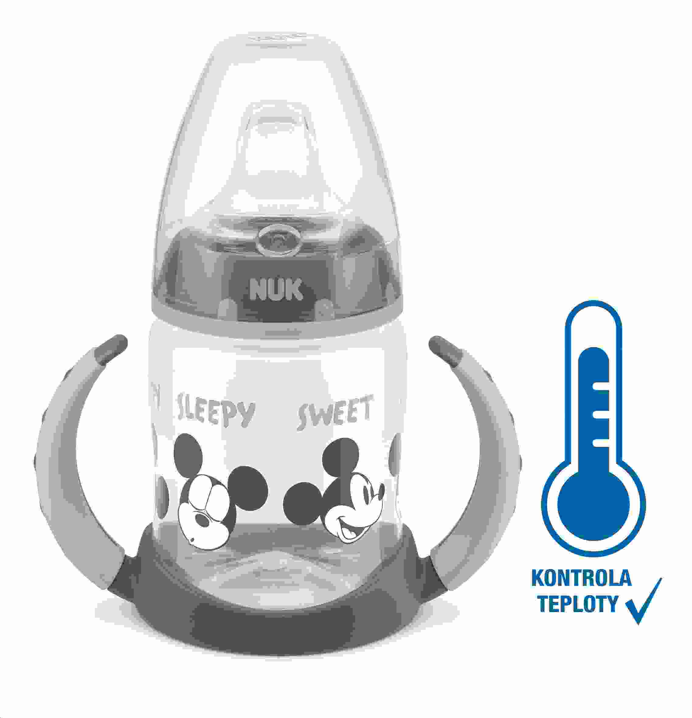 Levně Kojenecká láhev na učení NUK Disney Mickey s kontrolou teploty 150 ml šedá