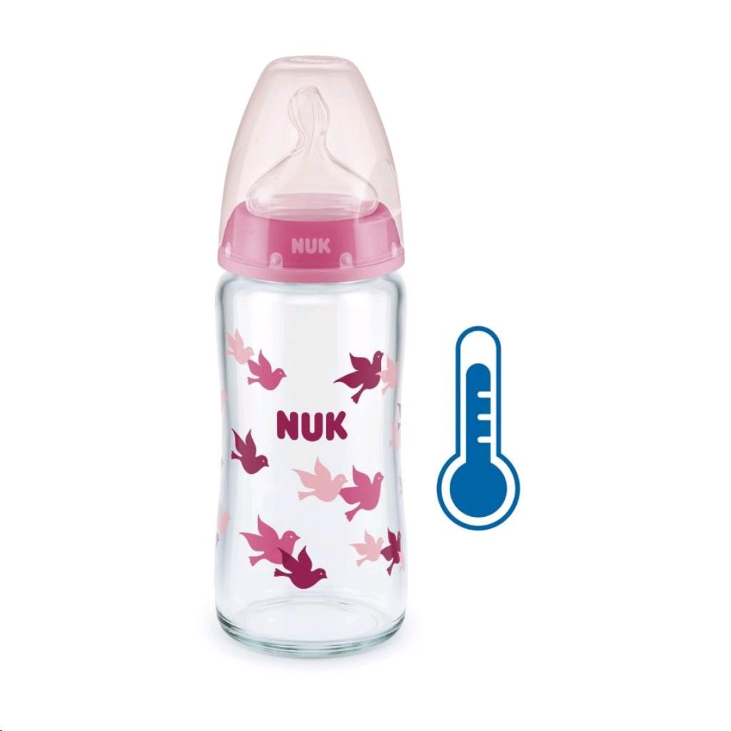Levně Skleněná kojenecká láhev NUK FC s kontrolou teploty 240 ml růžová