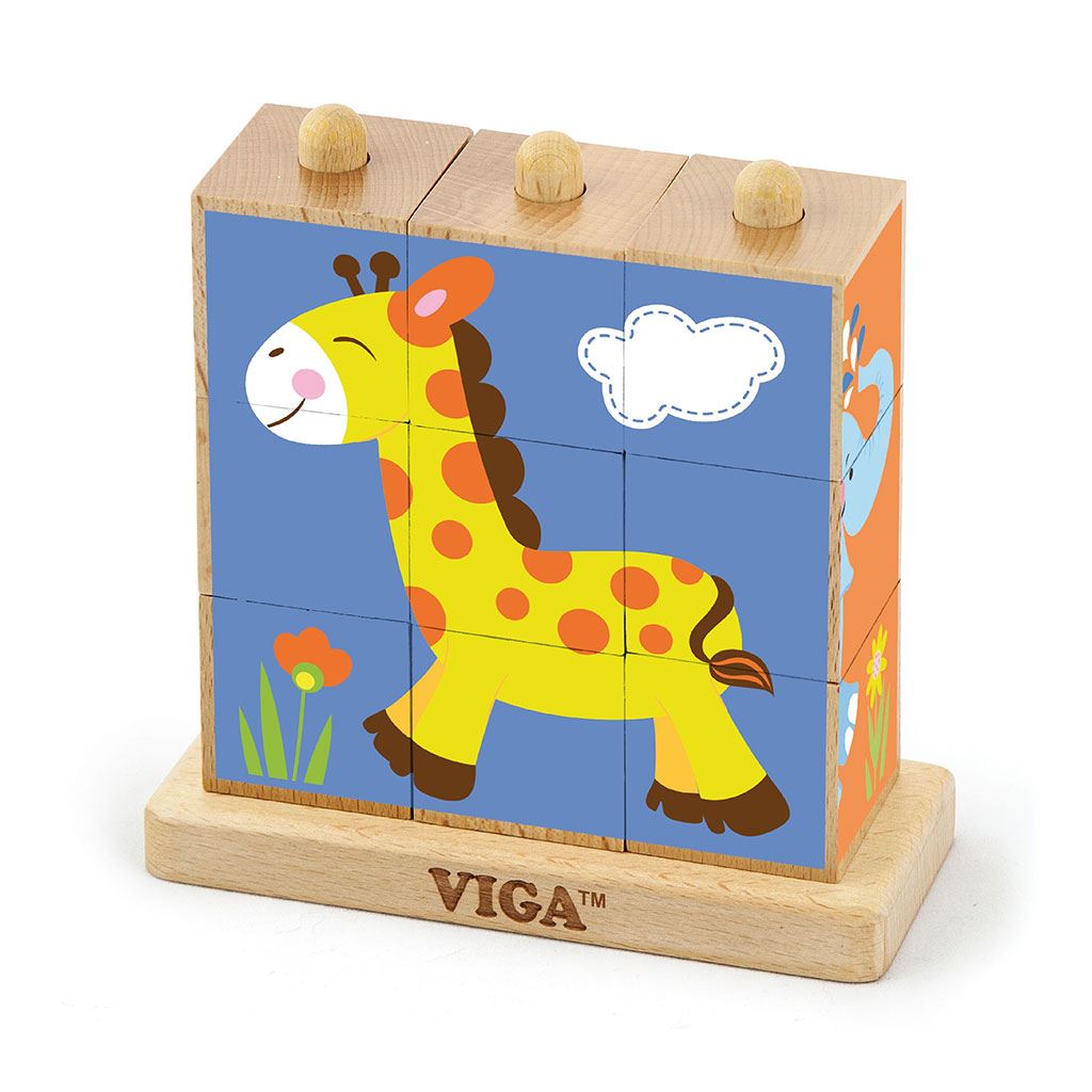 Levně Dřevěné puzzle kostky na stojánku Viga Zoo