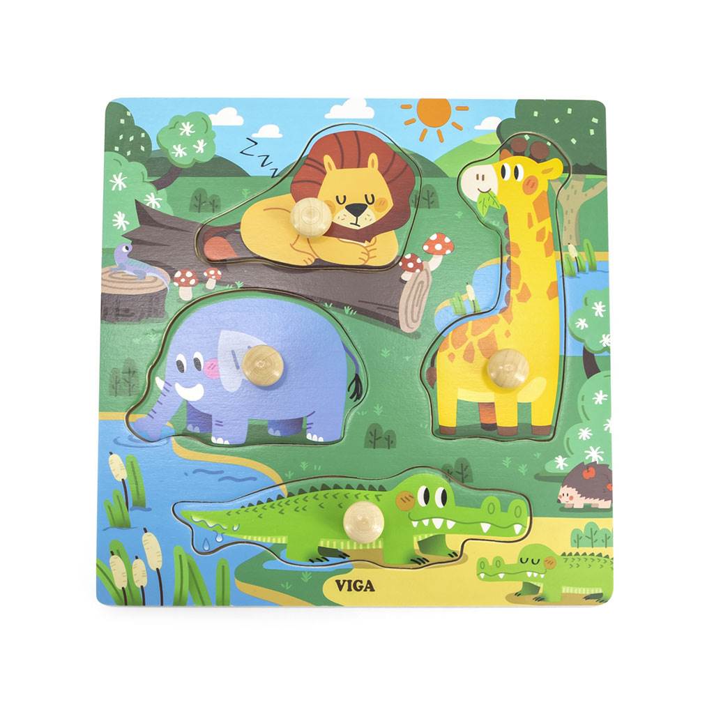 Levně Dětské dřevěné puzzle s úchyty Viga Divoká zvířata 4 ks